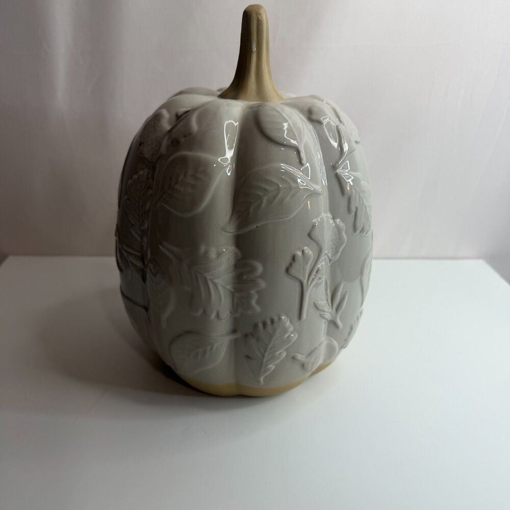 Celebrate Together Kohl's Ceramic Pumpkin Embossed Fall Harvest Decor Lt Gray